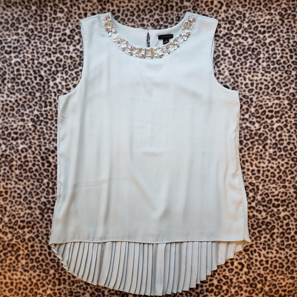 Ann Taylor Seafoam Mint Green Accordion Pleat Embellished Tank Top, NWT, Size S
